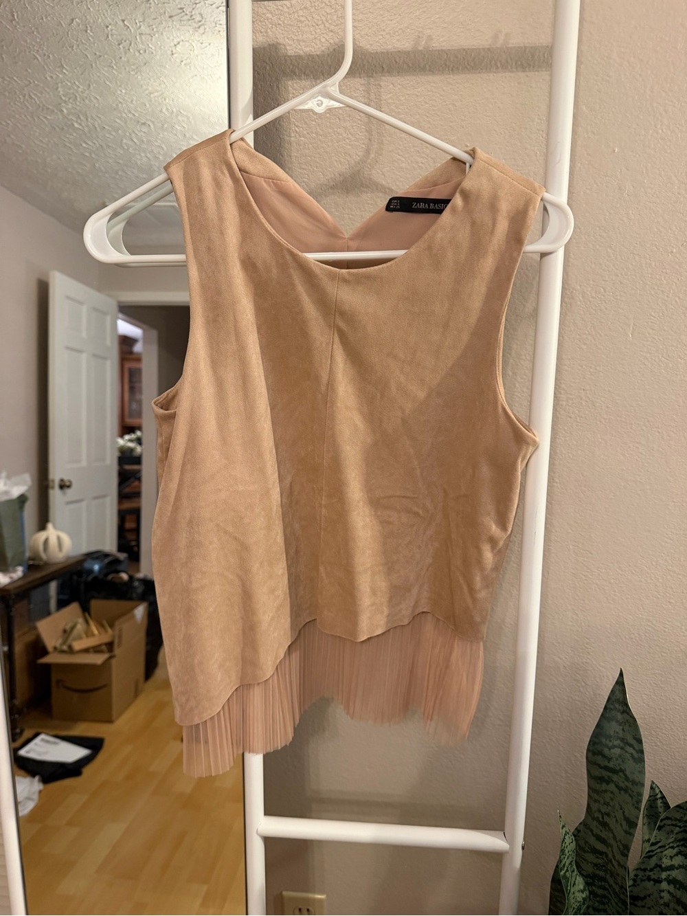 Zara Beige Faux Suede Sleeveless Top with Pleated Hem